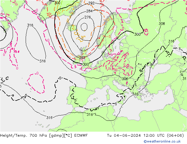 Height/Temp. 700 hPa ECMWF 星期二 04.06.2024 12 UTC