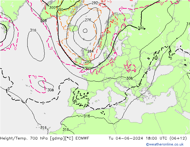 Height/Temp. 700 hPa ECMWF Di 04.06.2024 18 UTC