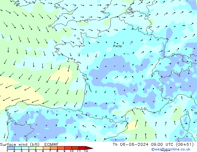 Surface wind (bft) ECMWF Th 06.06.2024 09 UTC