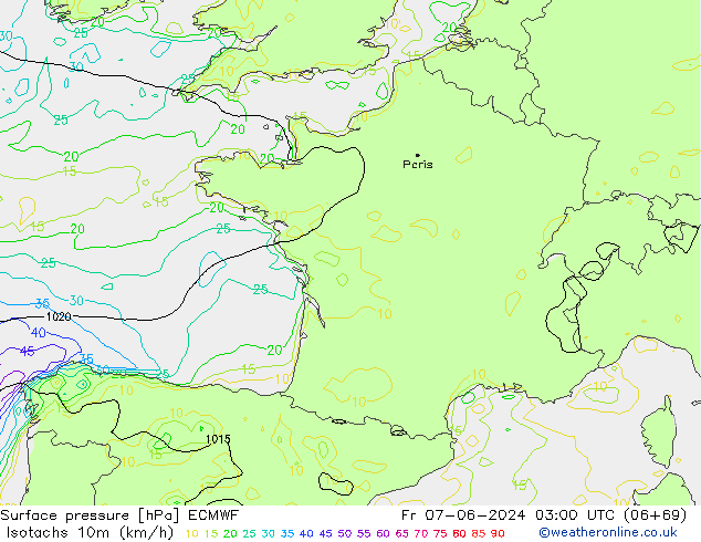Isotachs (kph) ECMWF Sex 07.06.2024 03 UTC