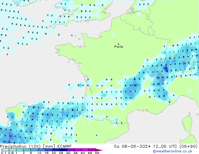 Totale neerslag (12h) ECMWF za 08.06.2024 00 UTC