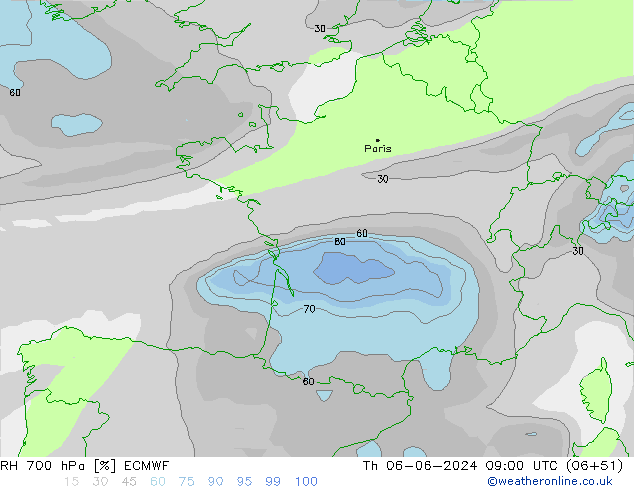 RH 700 hPa ECMWF Th 06.06.2024 09 UTC