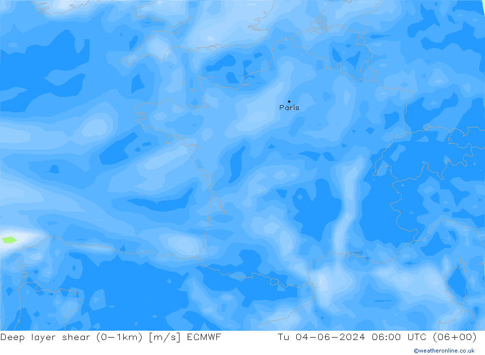 Deep layer shear (0-1km) ECMWF mar 04.06.2024 06 UTC