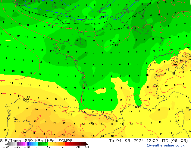 SLP/Temp. 850 hPa ECMWF wto. 04.06.2024 12 UTC