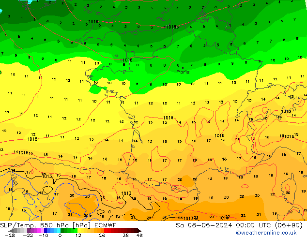 SLP/Temp. 850 hPa ECMWF so. 08.06.2024 00 UTC