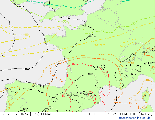 Theta-e 700hPa ECMWF Th 06.06.2024 09 UTC