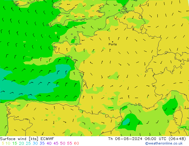 Surface wind ECMWF Čt 06.06.2024 06 UTC