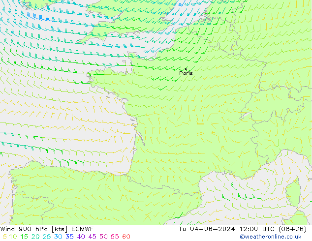 wiatr 900 hPa ECMWF wto. 04.06.2024 12 UTC