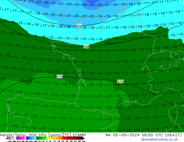 Height/Temp. 500 гПа ECMWF ср 05.06.2024 09 UTC