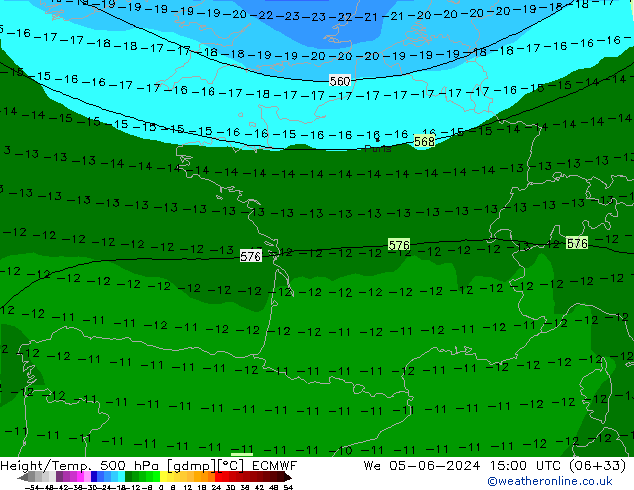 Height/Temp. 500 hPa ECMWF mer 05.06.2024 15 UTC