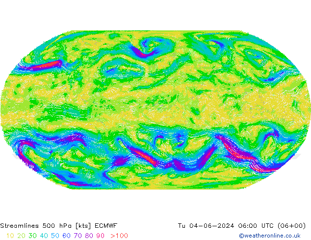 Streamlines 500 hPa ECMWF Út 04.06.2024 06 UTC