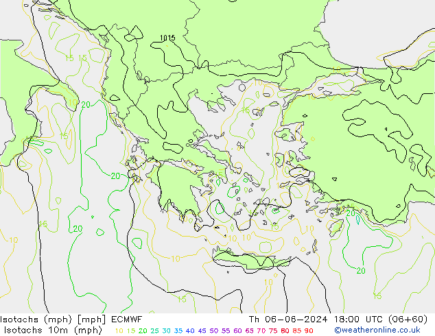 Isotachs (mph) ECMWF Th 06.06.2024 18 UTC