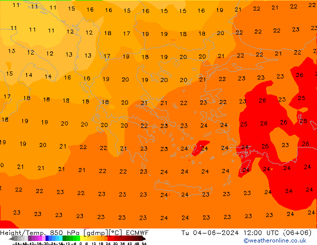 Height/Temp. 850 hPa ECMWF Tu 04.06.2024 12 UTC