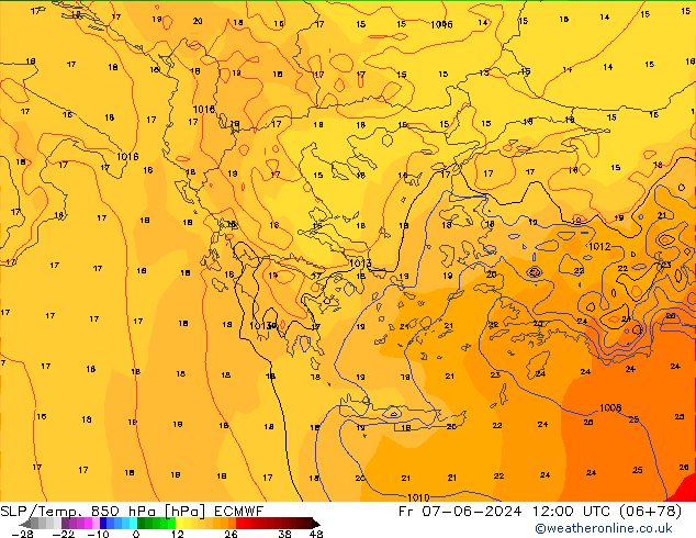 SLP/Temp. 850 hPa ECMWF ven 07.06.2024 12 UTC