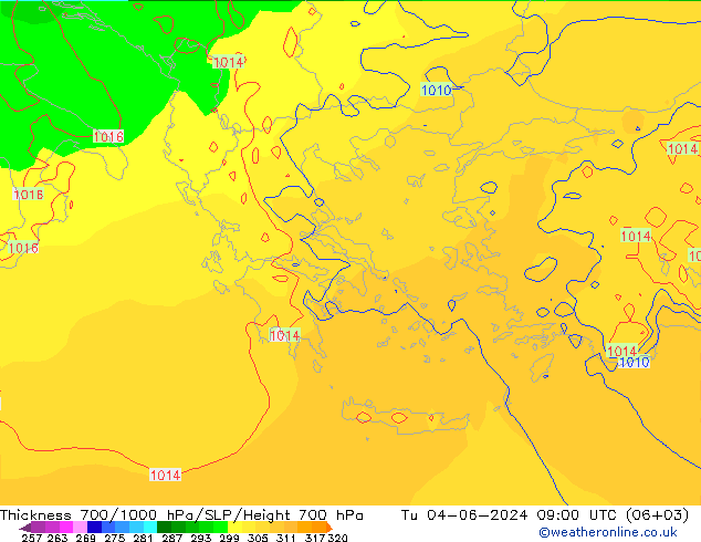 Thck 700-1000 hPa ECMWF Tu 04.06.2024 09 UTC