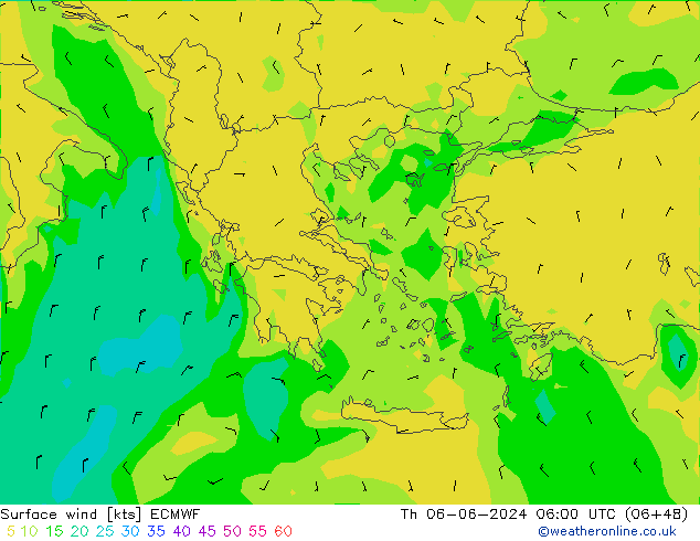 Surface wind ECMWF Čt 06.06.2024 06 UTC