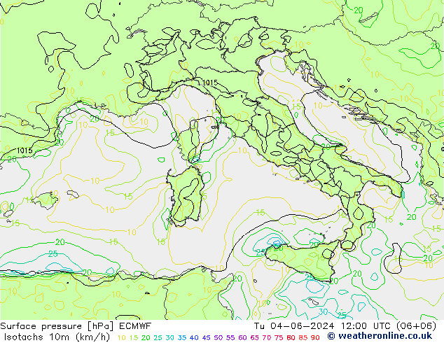 Izotacha (km/godz) ECMWF wto. 04.06.2024 12 UTC