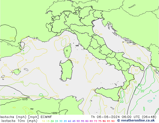 Isotachs (mph) ECMWF Čt 06.06.2024 06 UTC