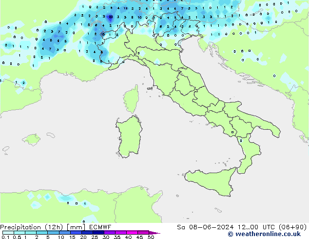 Totale neerslag (12h) ECMWF za 08.06.2024 00 UTC