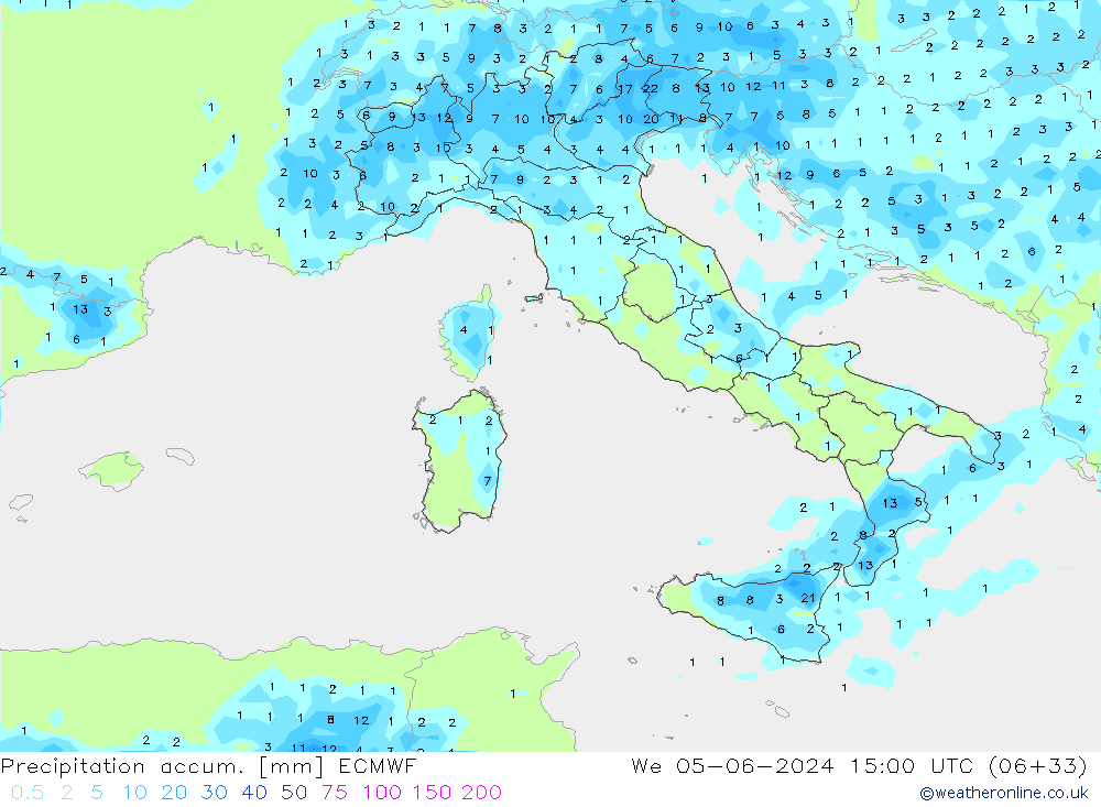 Precipitation accum. ECMWF mer 05.06.2024 15 UTC