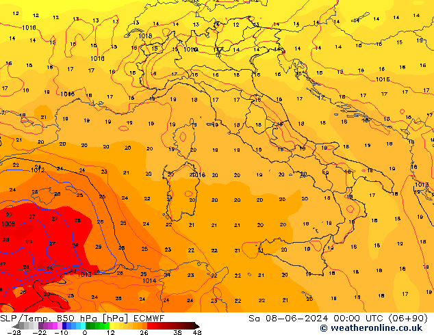 SLP/Temp. 850 hPa ECMWF za 08.06.2024 00 UTC