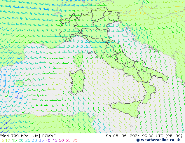 wiatr 700 hPa ECMWF so. 08.06.2024 00 UTC