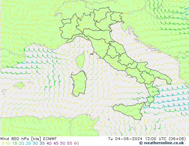 Wind 850 hPa ECMWF Tu 04.06.2024 12 UTC