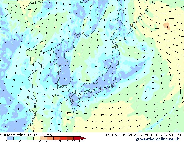 Vento 10 m (bft) ECMWF gio 06.06.2024 00 UTC