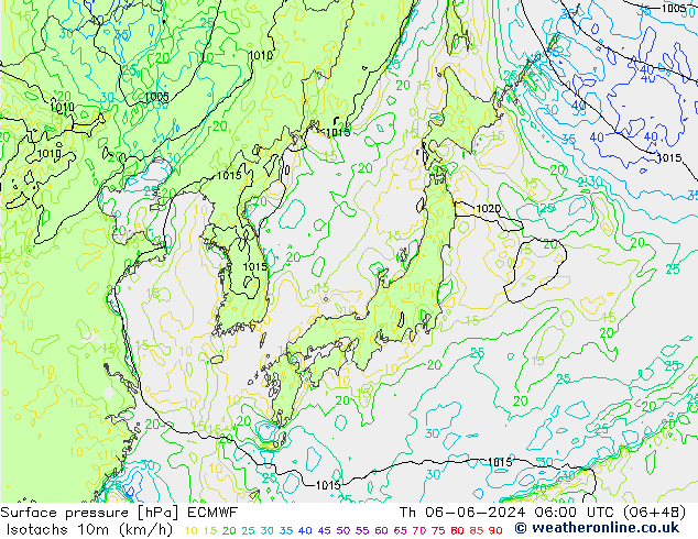 Isotachen (km/h) ECMWF Do 06.06.2024 06 UTC