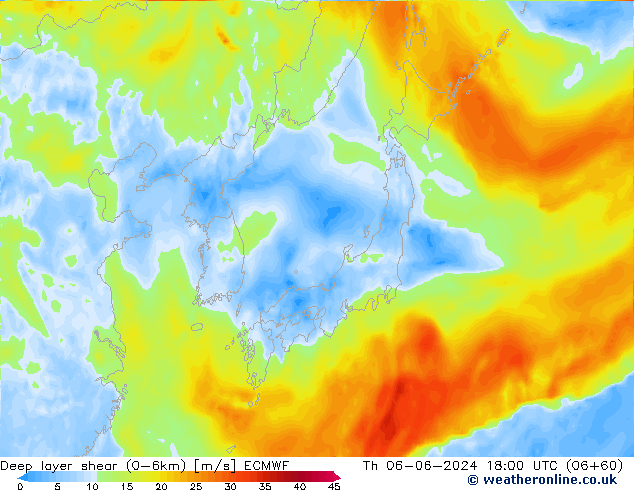 Deep layer shear (0-6km) ECMWF czw. 06.06.2024 18 UTC