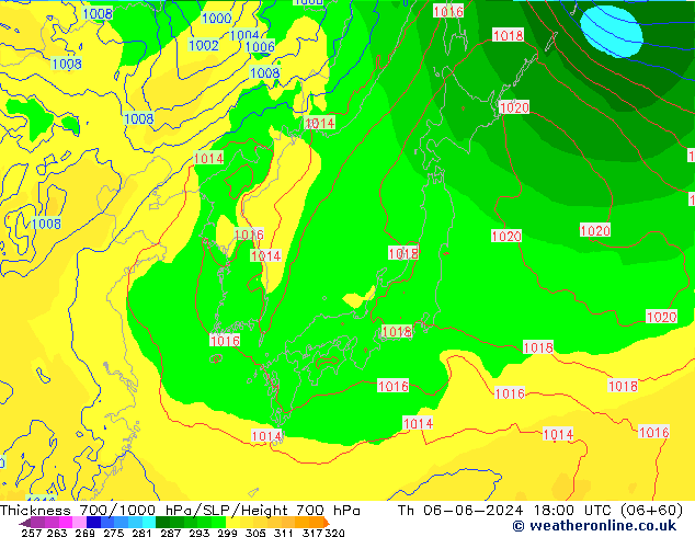 Thck 700-1000 hPa ECMWF czw. 06.06.2024 18 UTC