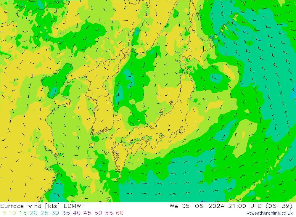 Vento 10 m ECMWF mer 05.06.2024 21 UTC