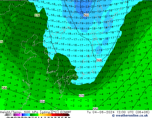 Z500/Rain (+SLP)/Z850 ECMWF wto. 04.06.2024 12 UTC