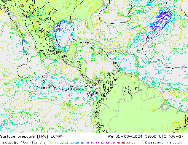 Isotachs (kph) ECMWF We 05.06.2024 09 UTC