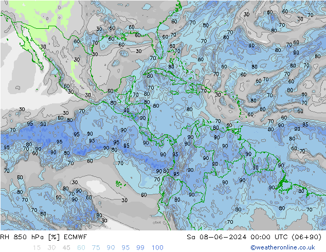 Humidité rel. 850 hPa ECMWF sam 08.06.2024 00 UTC