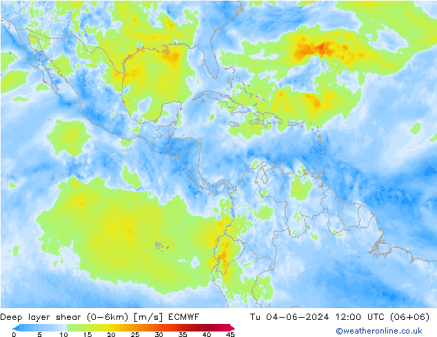 Deep layer shear (0-6km) ECMWF di 04.06.2024 12 UTC