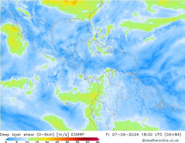 Deep layer shear (0-6km) ECMWF  07.06.2024 18 UTC