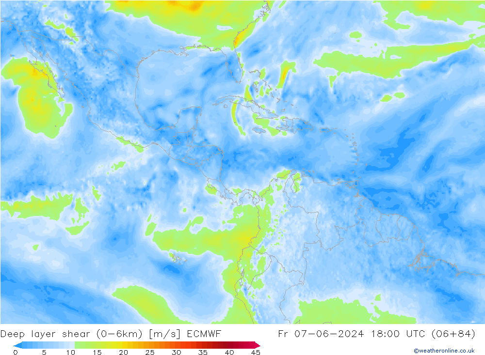 Deep layer shear (0-6km) ECMWF  07.06.2024 18 UTC