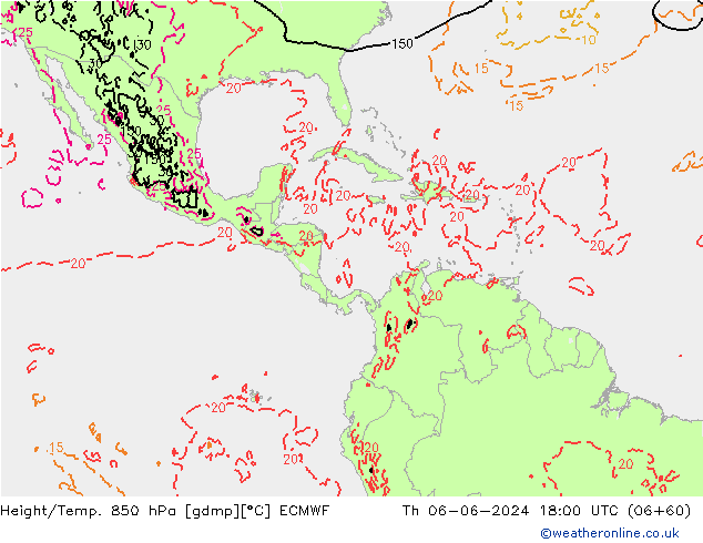 Geop./Temp. 850 hPa ECMWF jue 06.06.2024 18 UTC
