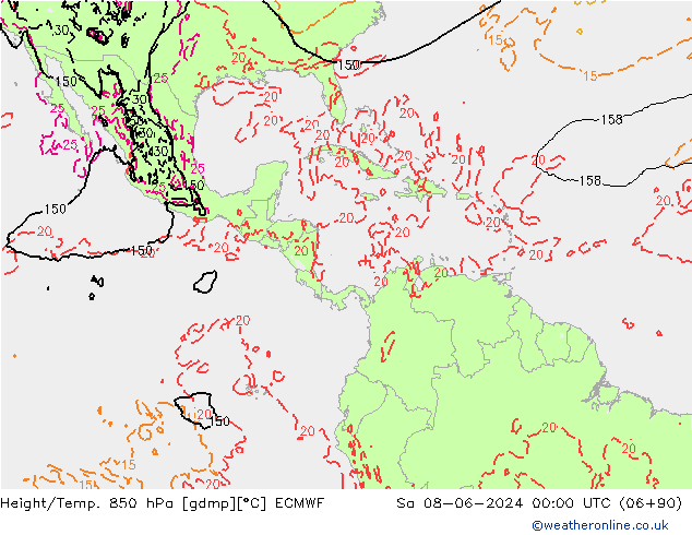 Height/Temp. 850 hPa ECMWF so. 08.06.2024 00 UTC