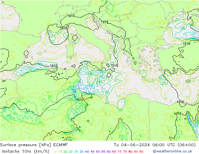 Isotachs (kph) ECMWF  04.06.2024 06 UTC