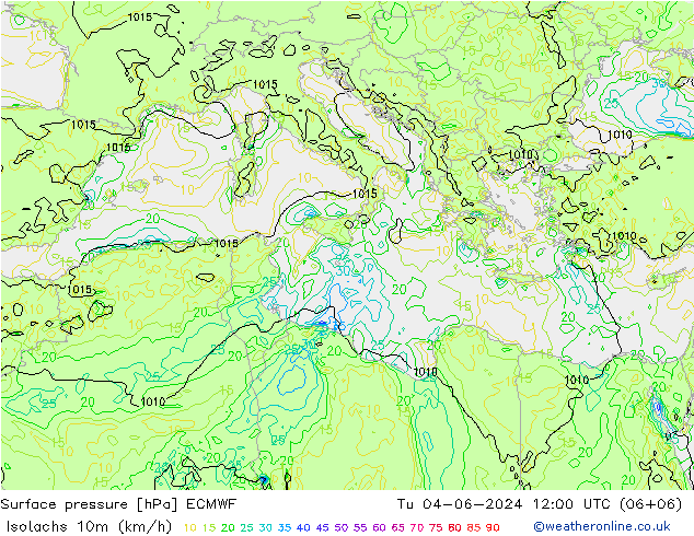 Isotachs (kph) ECMWF mar 04.06.2024 12 UTC