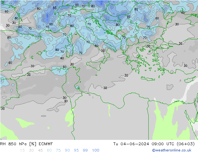 RH 850 гПа ECMWF вт 04.06.2024 09 UTC