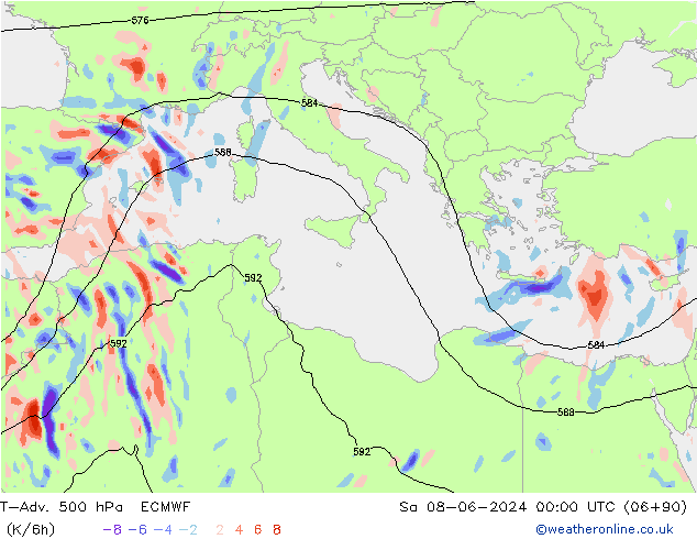 T-Adv. 500 hPa ECMWF so. 08.06.2024 00 UTC