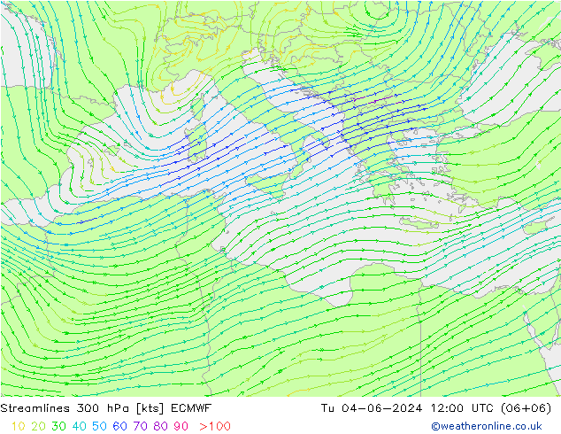 Stroomlijn 300 hPa ECMWF di 04.06.2024 12 UTC