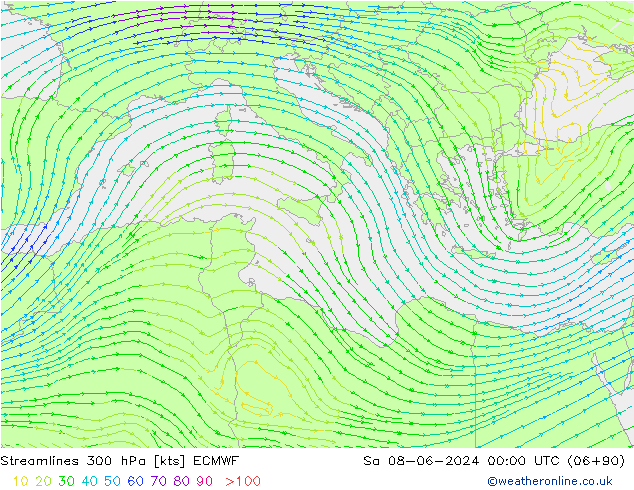 Linia prądu 300 hPa ECMWF so. 08.06.2024 00 UTC