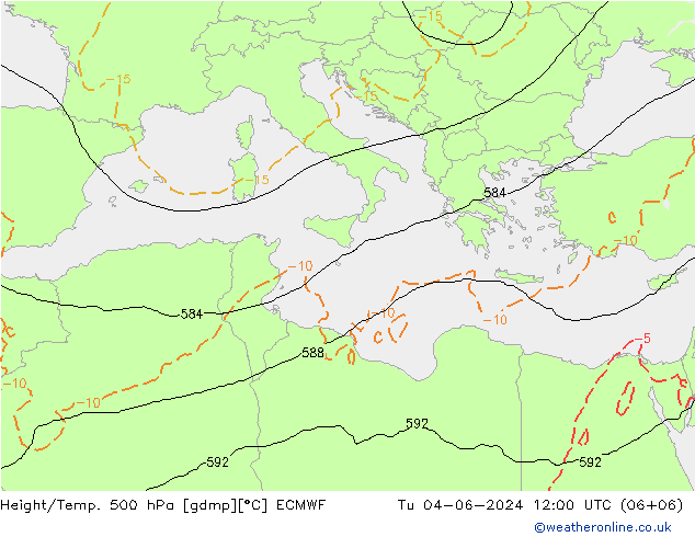 Z500/Rain (+SLP)/Z850 ECMWF Tu 04.06.2024 12 UTC