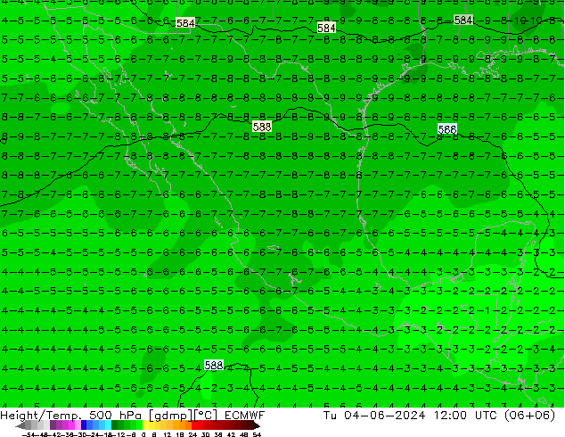 Z500/Rain (+SLP)/Z850 ECMWF Tu 04.06.2024 12 UTC