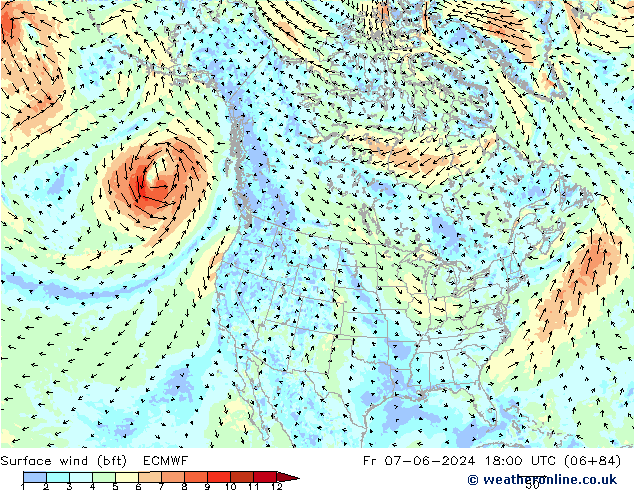 Bodenwind (bft) ECMWF Fr 07.06.2024 18 UTC