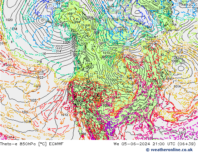 Theta-e 850hPa ECMWF śro. 05.06.2024 21 UTC